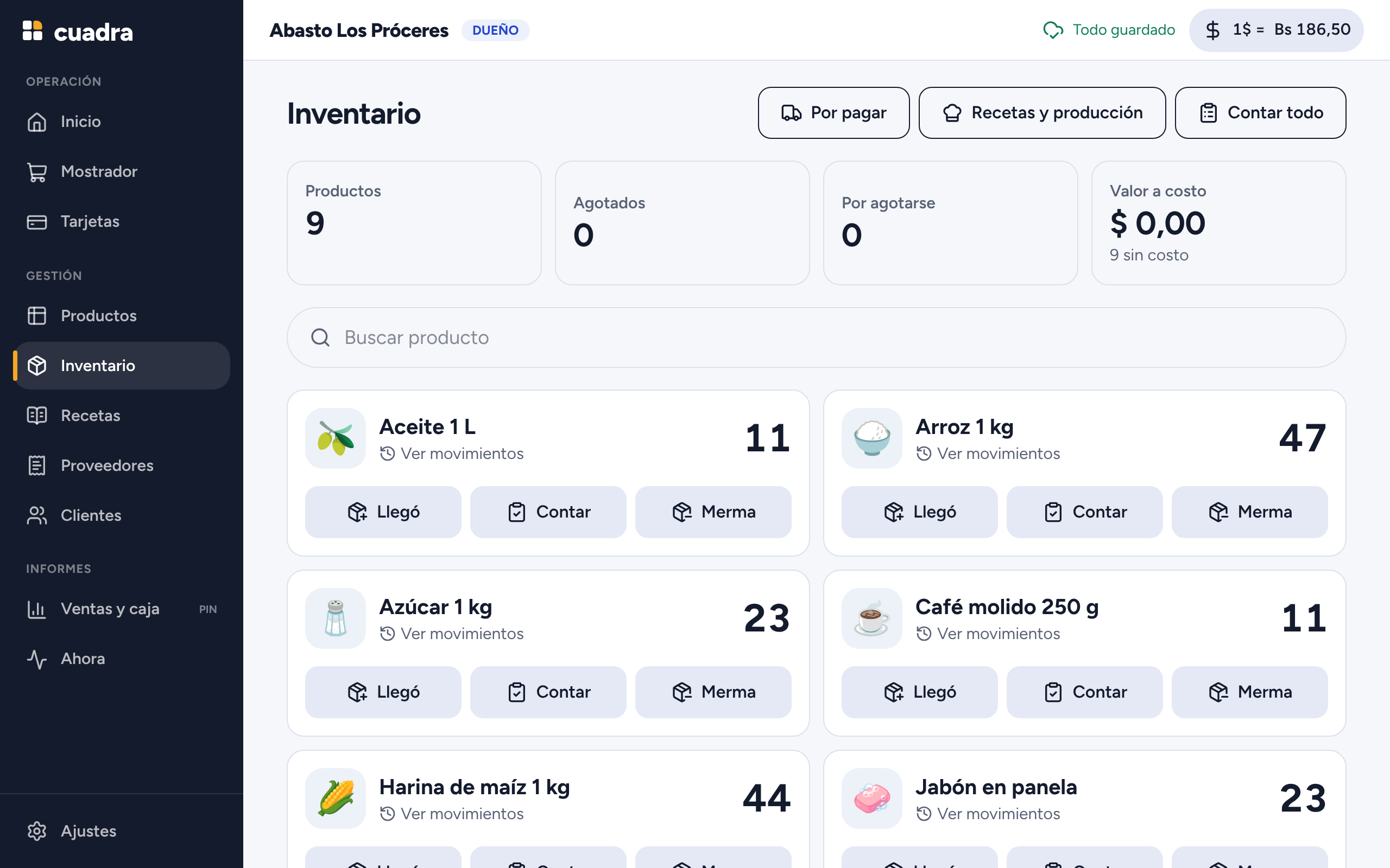 Inventario de Cuadra con existencias por producto